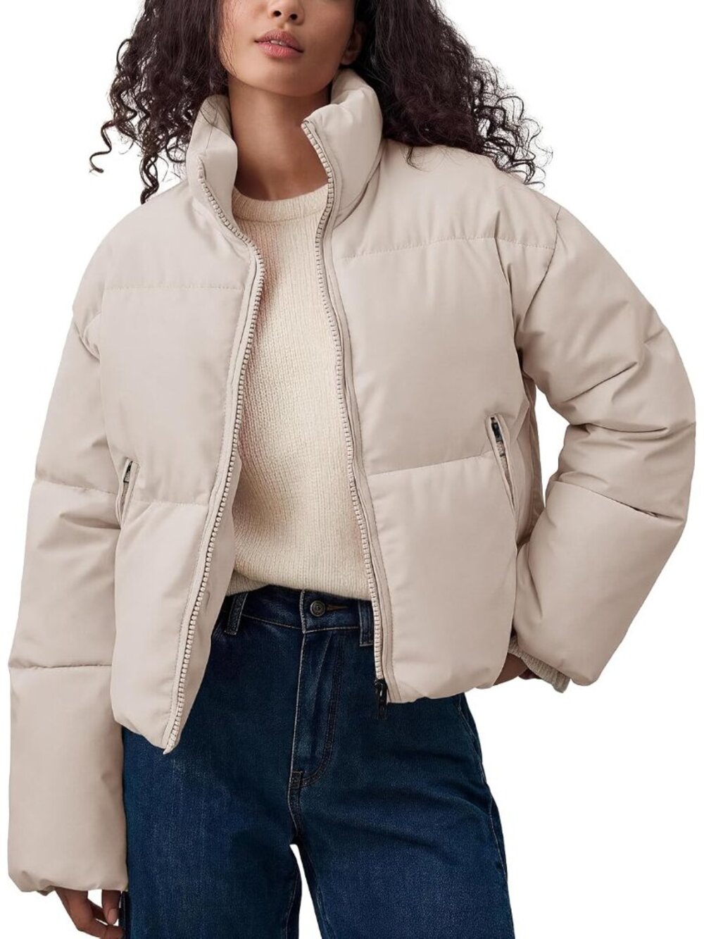 Women's Beige Quilted Puffer Jackets Winter Cropped Full Zip Up Warm Coats